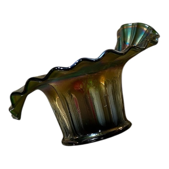 Fenton Iridescent Glass Art Bowl / Hat w/ crimped edge gold green holly & berry - Picture 9 of 11